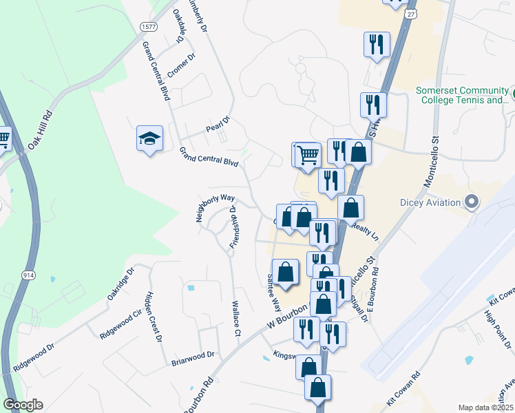 map of restaurants, bars, coffee shops, grocery stores, and more near 617 Grand Central Boulevard in Somerset