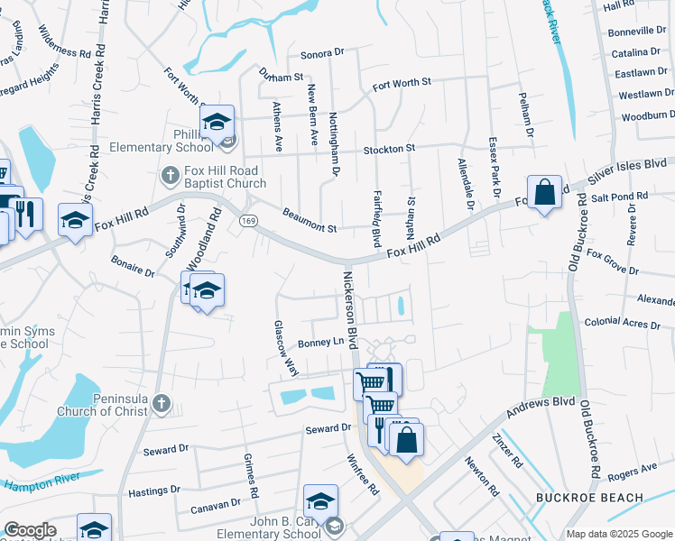 map of restaurants, bars, coffee shops, grocery stores, and more near 444 Fox Hill Road in Hampton