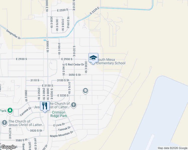 map of restaurants, bars, coffee shops, grocery stores, and more near 3304 East 3050 South in Washington