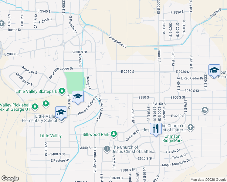 map of restaurants, bars, coffee shops, grocery stores, and more near 3071 Olivewood Lane in St. George