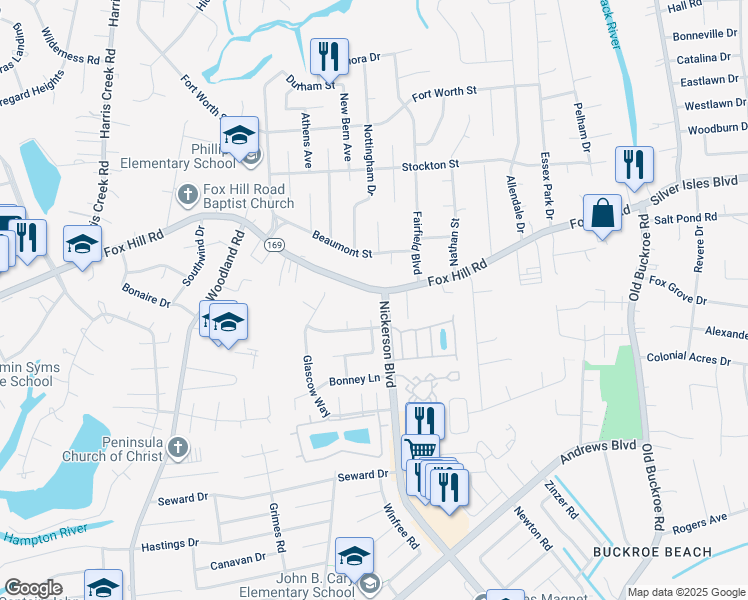 map of restaurants, bars, coffee shops, grocery stores, and more near 444 Fox Hill Road in Hampton