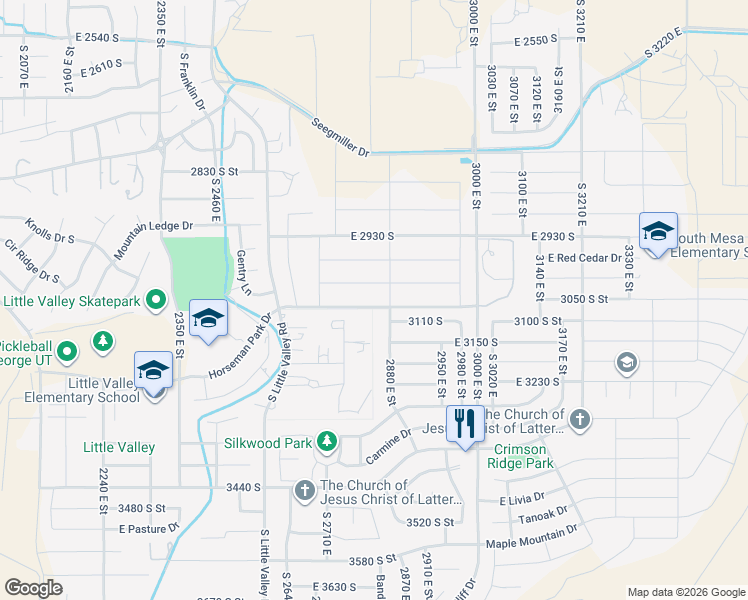 map of restaurants, bars, coffee shops, grocery stores, and more near 2839 Horseman Park Drive in St. George