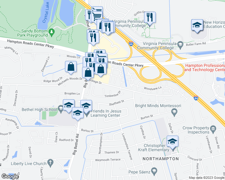 map of restaurants, bars, coffee shops, grocery stores, and more near 8 Piney Branch Circle in Hampton