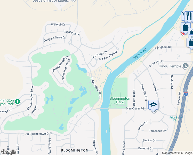 map of restaurants, bars, coffee shops, grocery stores, and more near 3061 South Bloomington Drive in St. George