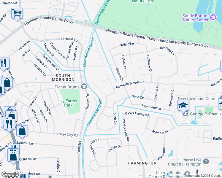 map of restaurants, bars, coffee shops, grocery stores, and more near 11 Locksley Drive in Hampton