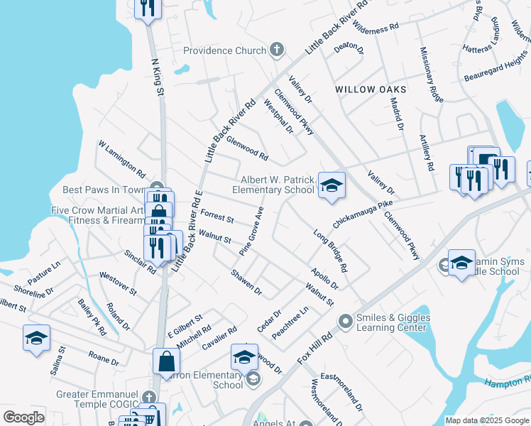 map of restaurants, bars, coffee shops, grocery stores, and more near 220 Pine Grove Avenue in Hampton