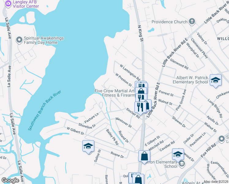 map of restaurants, bars, coffee shops, grocery stores, and more near 207 Kove Drive in Hampton