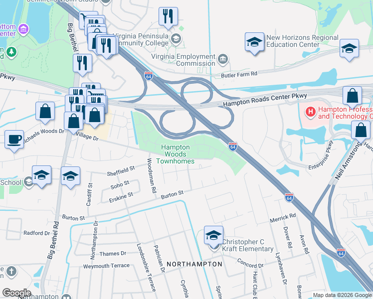 map of restaurants, bars, coffee shops, grocery stores, and more near 13 Treebark Place in Hampton