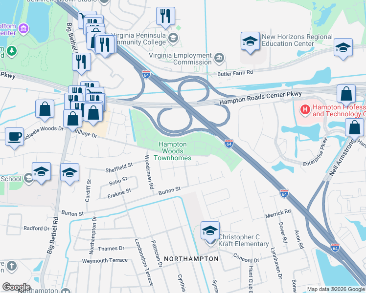 map of restaurants, bars, coffee shops, grocery stores, and more near 13 Treebark Place in Hampton