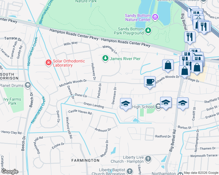 map of restaurants, bars, coffee shops, grocery stores, and more near 7 Ruth Circle in Hampton