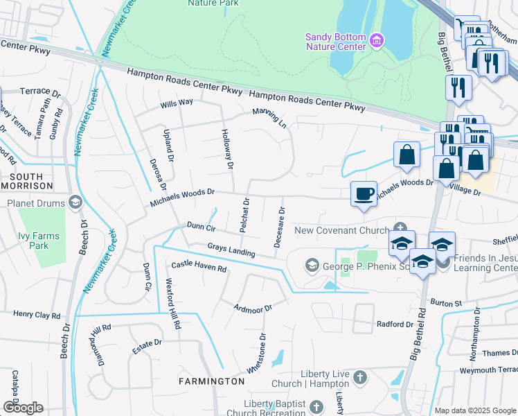 map of restaurants, bars, coffee shops, grocery stores, and more near 7 Ruth Circle in Hampton