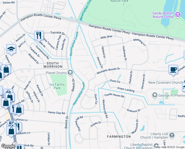 map of restaurants, bars, coffee shops, grocery stores, and more near 11 Locksley Drive in Hampton