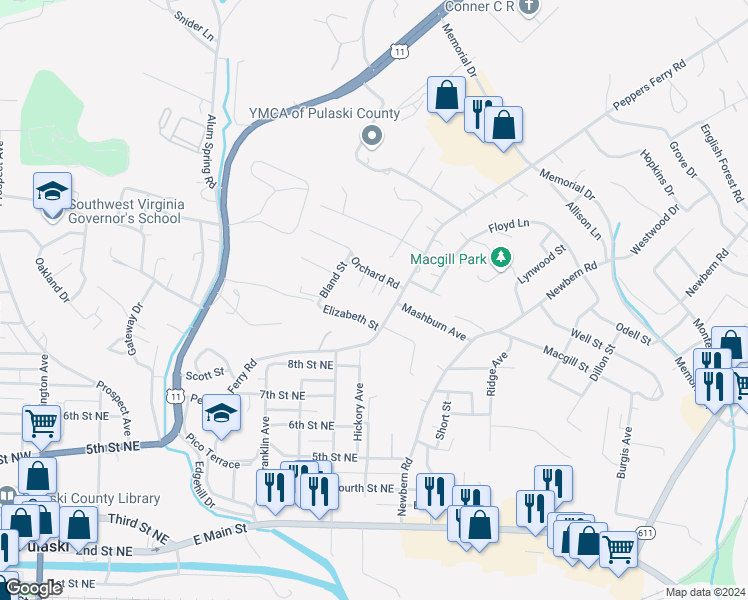 map of restaurants, bars, coffee shops, grocery stores, and more near 741 Elizabeth Street in Pulaski