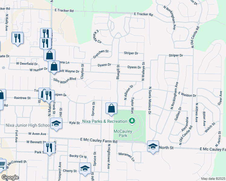 map of restaurants, bars, coffee shops, grocery stores, and more near 731 Bluegill Street in Nixa