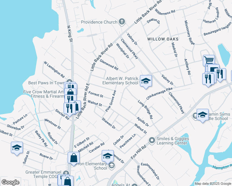 map of restaurants, bars, coffee shops, grocery stores, and more near 220 Pine Grove Avenue in Hampton