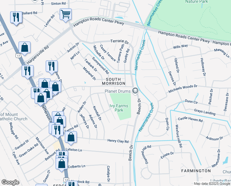 map of restaurants, bars, coffee shops, grocery stores, and more near 600 Almond Drive in Newport News