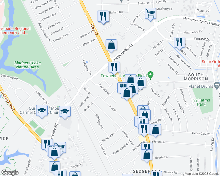 map of restaurants, bars, coffee shops, grocery stores, and more near 6 Rebecca Place in Newport News
