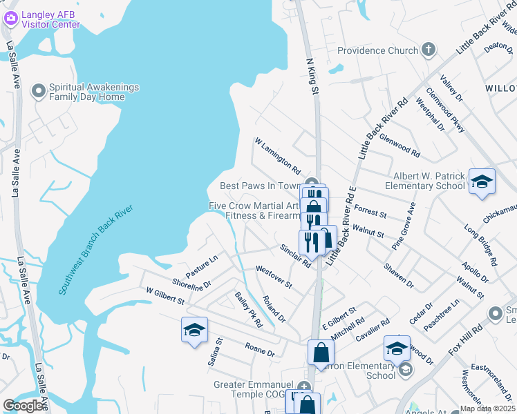 map of restaurants, bars, coffee shops, grocery stores, and more near 215 Kove Drive in Hampton