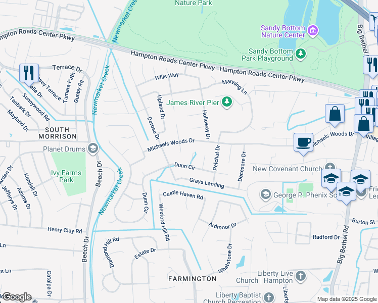 map of restaurants, bars, coffee shops, grocery stores, and more near 8 Ancel Court in Hampton