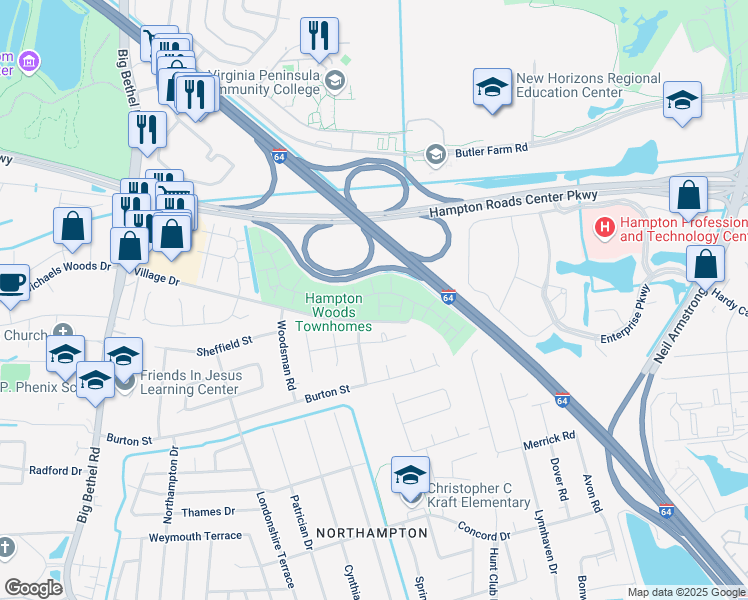 map of restaurants, bars, coffee shops, grocery stores, and more near 13 Treebark Place in Hampton