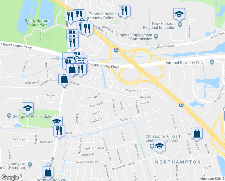 map of restaurants, bars, coffee shops, grocery stores, and more near 30 Woodsman Road in Hampton