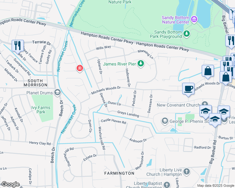 map of restaurants, bars, coffee shops, grocery stores, and more near 8 Ancel Court in Hampton