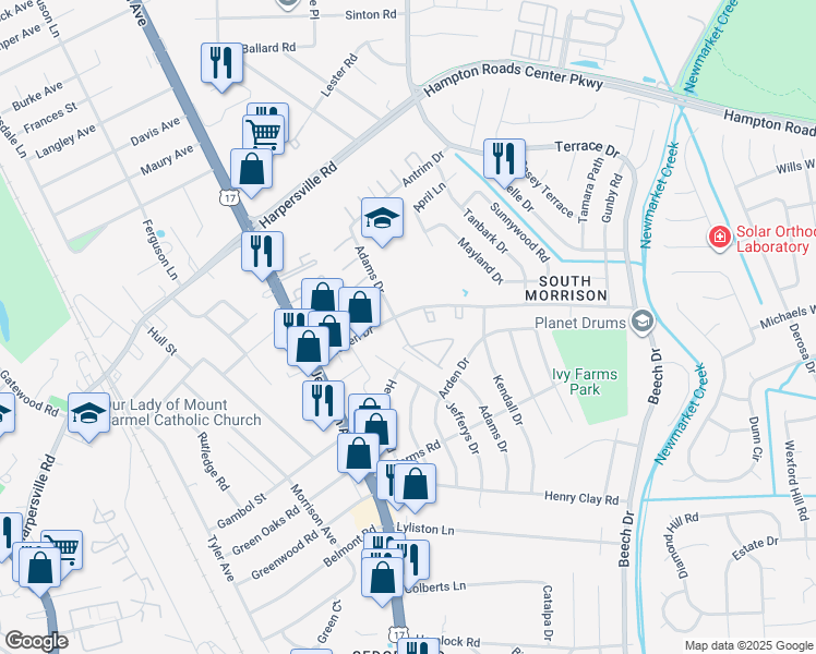 map of restaurants, bars, coffee shops, grocery stores, and more near 541 Adams Drive in Newport News