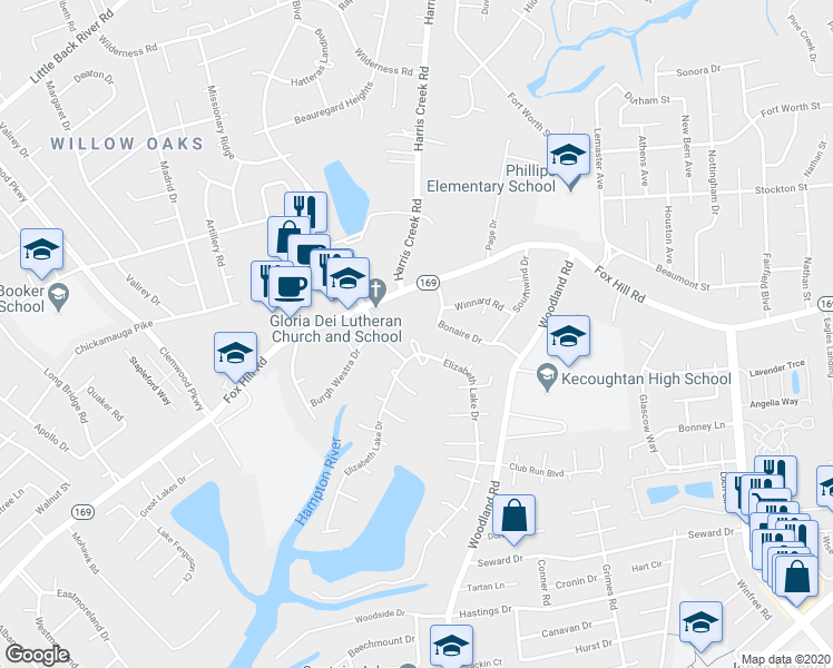 map of restaurants, bars, coffee shops, grocery stores, and more near 464 Elizabeth Lake Drive in Hampton