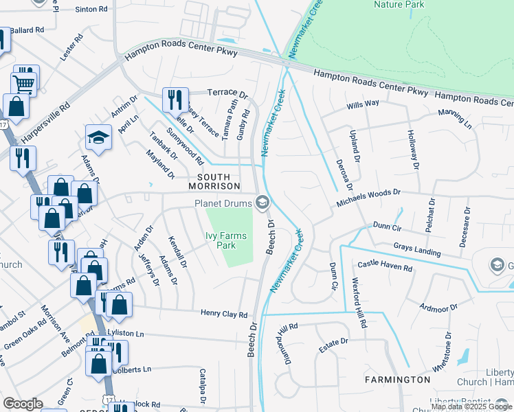 map of restaurants, bars, coffee shops, grocery stores, and more near 613 Beech Drive in Newport News