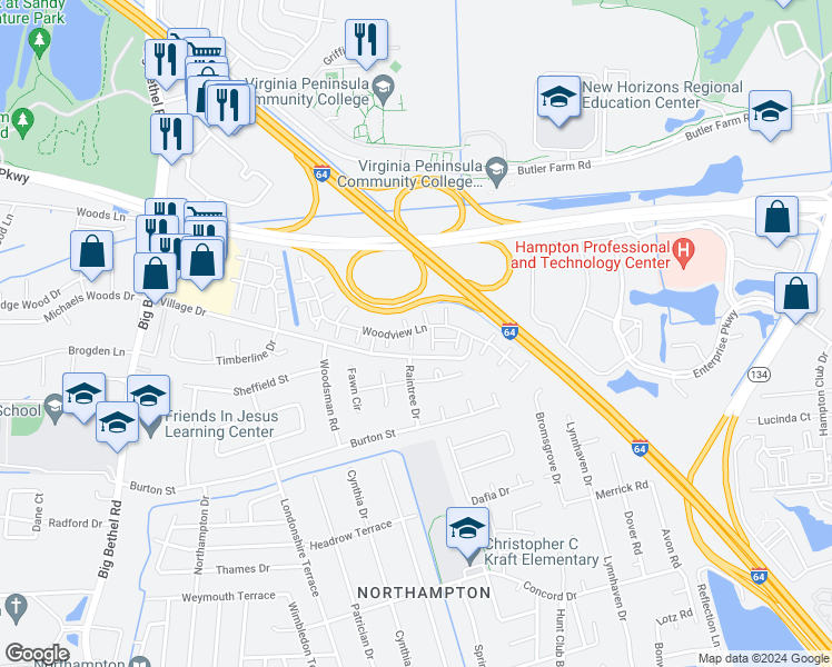 map of restaurants, bars, coffee shops, grocery stores, and more near 1 Treebark Place in Hampton