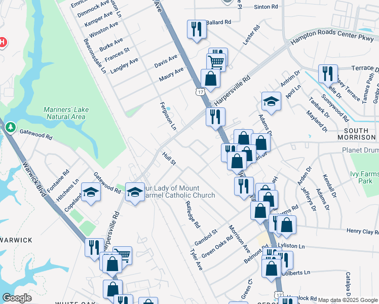 map of restaurants, bars, coffee shops, grocery stores, and more near 4 Sanford Drive in Newport News