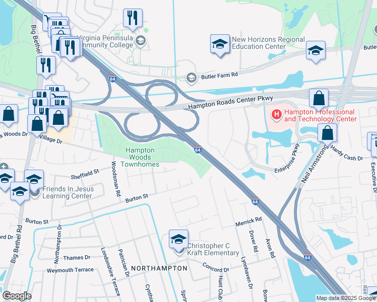 map of restaurants, bars, coffee shops, grocery stores, and more near 4 Sweet Gum Place in Hampton