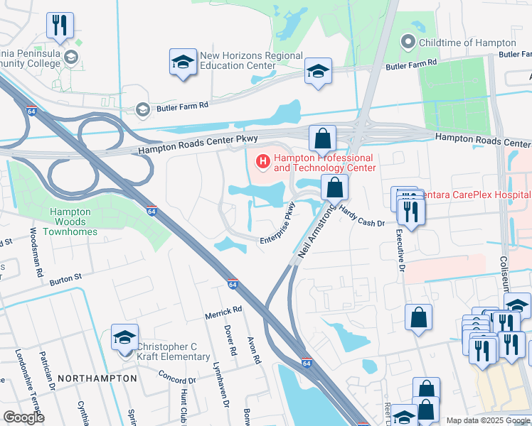 map of restaurants, bars, coffee shops, grocery stores, and more near 22 Enterprise Parkway in Hampton
