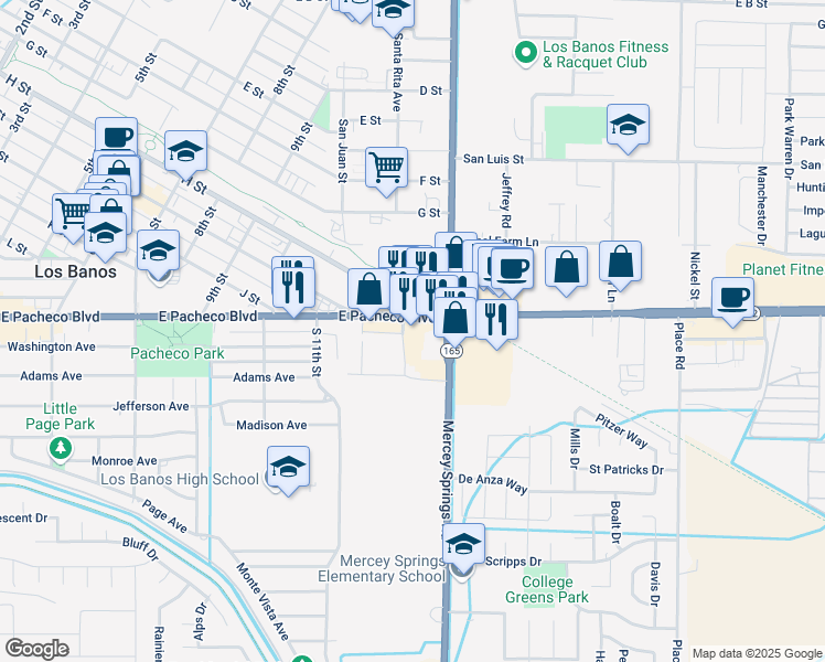 map of restaurants, bars, coffee shops, grocery stores, and more near 1313 East Pacheco Boulevard in Los Banos