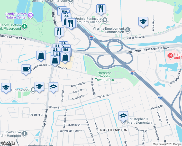 map of restaurants, bars, coffee shops, grocery stores, and more near 30 Woodsman Road in Hampton