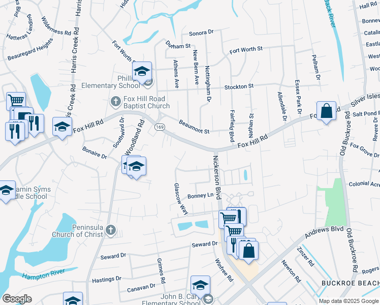 map of restaurants, bars, coffee shops, grocery stores, and more near 132 Glascow Way in Hampton