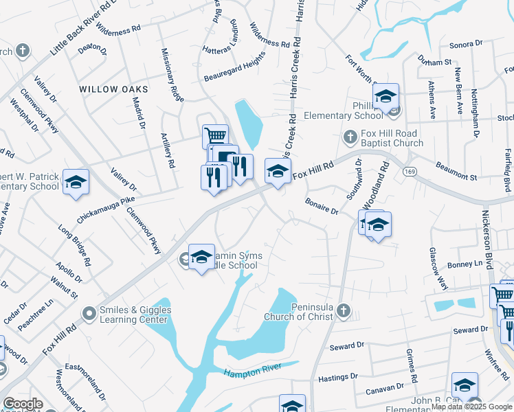 map of restaurants, bars, coffee shops, grocery stores, and more near 321 Burgh Westra Drive in Hampton