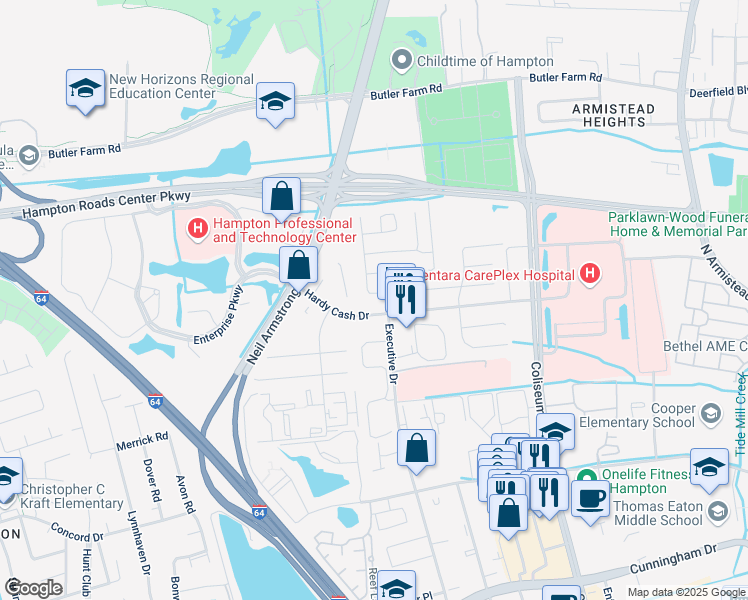 map of restaurants, bars, coffee shops, grocery stores, and more near 1504 Hardy Cash Drive in Hampton