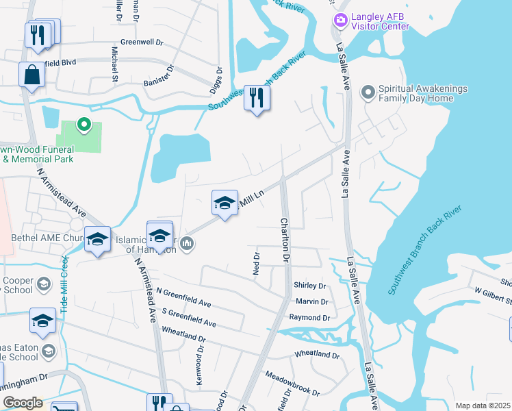 map of restaurants, bars, coffee shops, grocery stores, and more near 4 Ruby Court in Hampton
