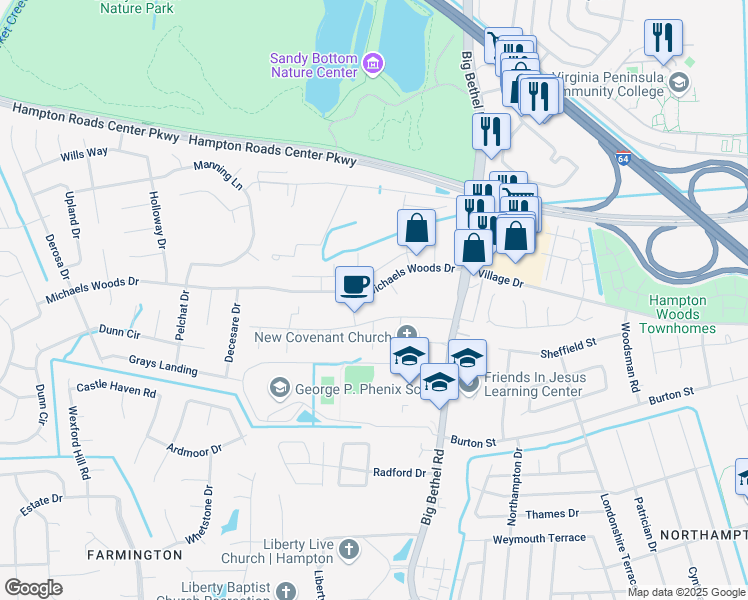map of restaurants, bars, coffee shops, grocery stores, and more near 35 Brogden Lane in Hampton