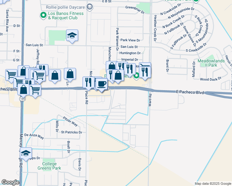 map of restaurants, bars, coffee shops, grocery stores, and more near 2149 East Pacheco Boulevard in Los Banos