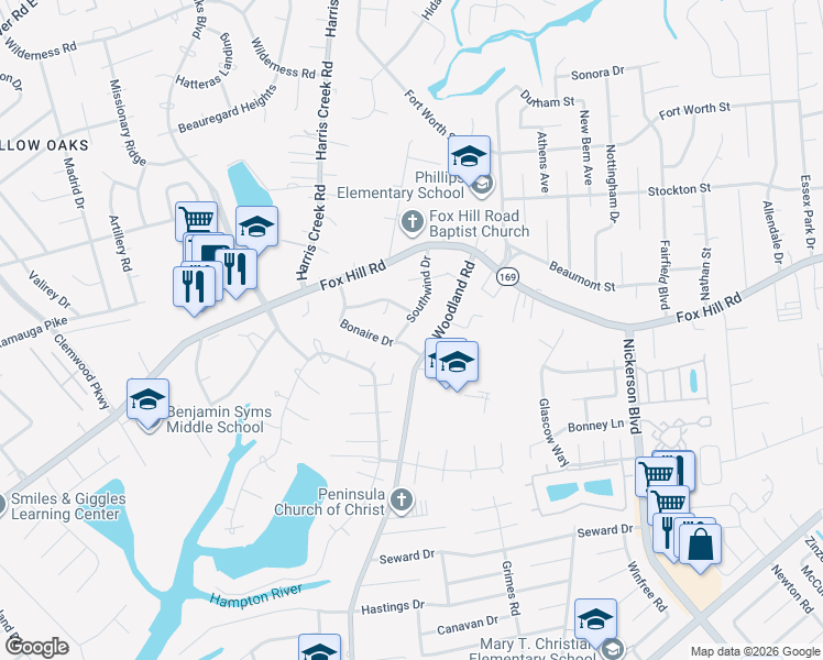 map of restaurants, bars, coffee shops, grocery stores, and more near 35 Bonaire Drive in Hampton