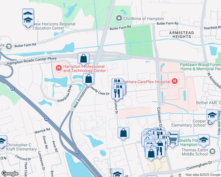 map of restaurants, bars, coffee shops, grocery stores, and more near 1504 Hardy Cash Drive in Hampton