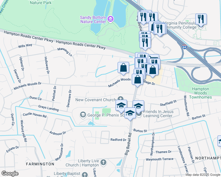 map of restaurants, bars, coffee shops, grocery stores, and more near 35 Brogden Lane in Hampton