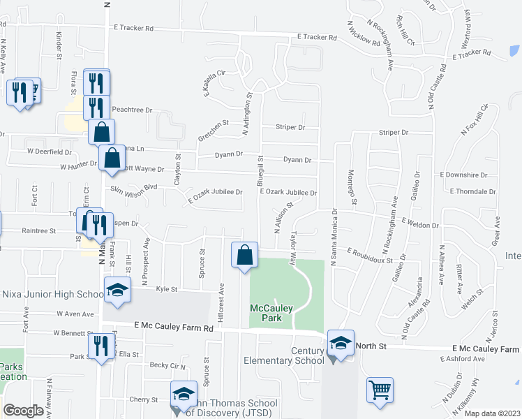 map of restaurants, bars, coffee shops, grocery stores, and more near 736 Bluegill Street in Nixa