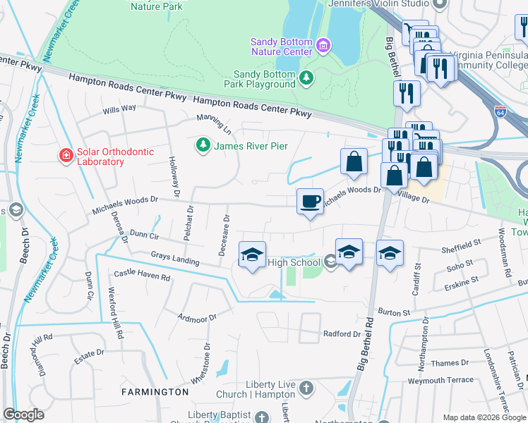 map of restaurants, bars, coffee shops, grocery stores, and more near 61 Michaels Woods Drive in Hampton