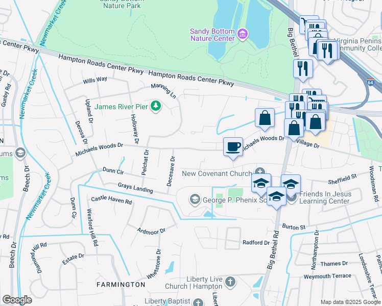 map of restaurants, bars, coffee shops, grocery stores, and more near 67 Michaels Woods Drive in Hampton
