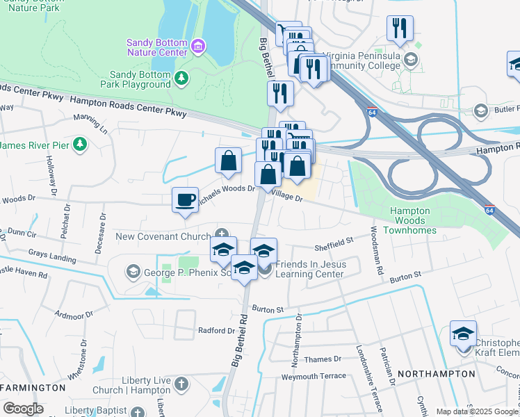 map of restaurants, bars, coffee shops, grocery stores, and more near 1168 Big Bethel Rd in Hampton