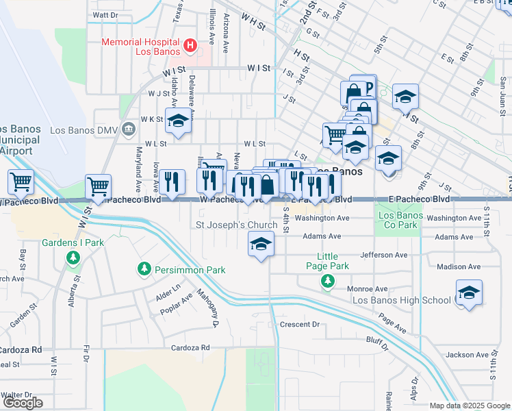 map of restaurants, bars, coffee shops, grocery stores, and more near 39 West Pacheco Boulevard in Los Banos