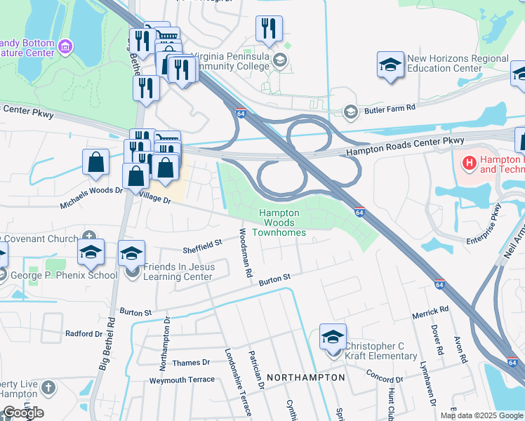 map of restaurants, bars, coffee shops, grocery stores, and more near 12 Tall Tree Pl in Hampton